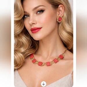 Vintage Coro Coral Pink Necklace & Clip Earrings Set | Gold-Tone Leaf Design | M